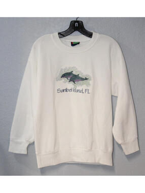 VINTAGE 90s Sanibel Island Florida Sweatshirt White Dolphins Women MEDIUM